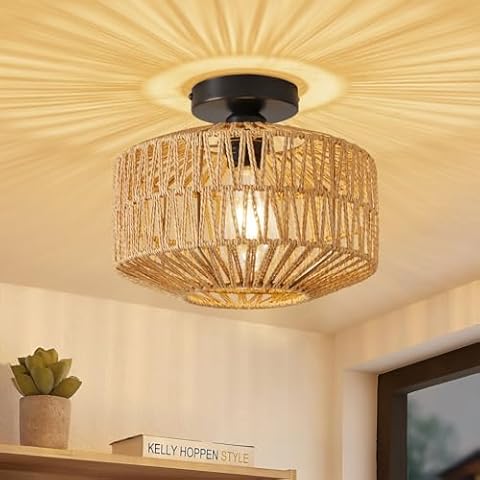XIEYOR Rattan Chandelier Light Fixture Ceiling Mount, Boho Light Fixtures, Hand Woven Rustic, Ceiling Light Fixtures Flush Mount, Hallway Bedroom Farmhouse Kitchen Entryway Hall Cover