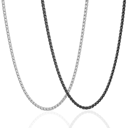 CLASICOMIS 2 Pcs Stainless Steel Box Chain Necklace for Men, 3mm Silver and Black Mens Necklaces Chains Set (22, Inches, 3, Millimeters)