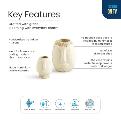 Image of ExclusiveLane 'Round Faces' Decorative Ceramic Flower Vase for Living Room Ceramic Vase for Home Decor Side Table Show Case Flower Vases Showpiece Gifts (Set of 2, 13.0 Cm, Handglazed Studio Pottery)