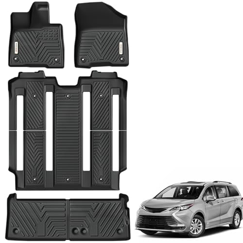 YITAMOTOR Floor Mats Fit for Toyota Sienna 2021-2025 (Only for 7 Seat Without Spare Tire), Custom Fit TPE All Weather Car Liners for Toyota Sienna 1st, 2nd and 3rd Row and Trunk, Black