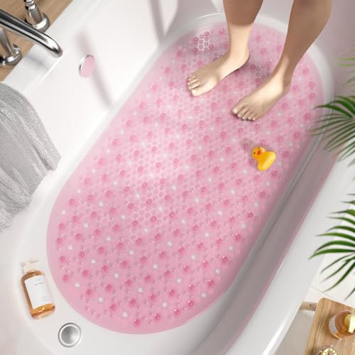 HITSLAM Tapis de Baignoire Antidérapant Ovale, 68x38CM Tapis de Bain à Bulles, Tapis de Douche en Lavable en Machine & Résistant à la Moisissure, Tapis Antidérapant Baignoire sans BPA, Rose