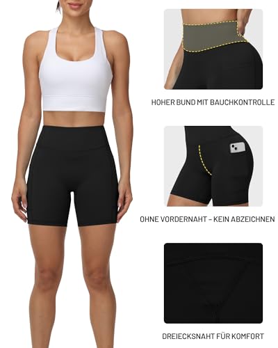 Runhit Damen Radlerhose mit Taschen, 5\ Kurze Sporthose High Waist, Bauchkontrolle Po Anhebend Blickdichte Leggings Kurz Gym Shorts für Running Yoga Tennis, Schwarz M