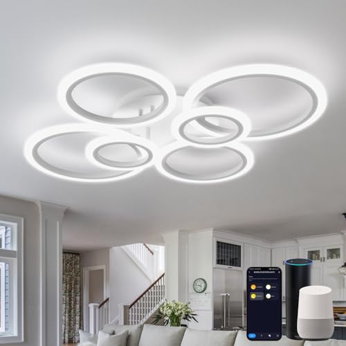 Lanmorn Smart LED Ceiling Light, Modern 6-Ring Design, Dimmable with App & Voice Control, Works with Alexa & Google Home, 3000K-6500K, 76W Flush Mount Light Fitting for Living Room, Bedroom, White