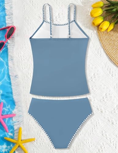 Image of Girls Swimsuit Solid Color Tankini Contrast Trim Swimwear 2 Piece Bathing Suit Padded Swimsuits for Teens 9-16Y