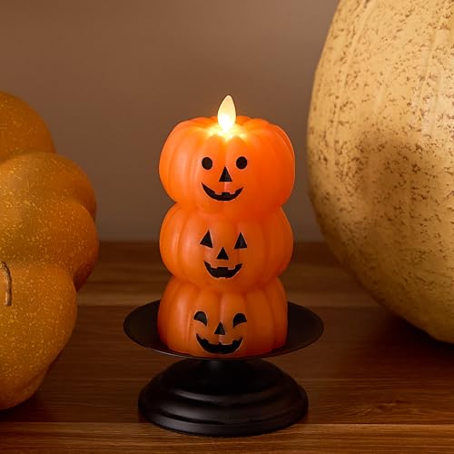 Image of Luminara Stacked Jack-o-Lanterns Pumpkins Figural (Russet Orange) Flameless Candle Real Wax Moving Flame LED Candle (3.1 inch x 6 inch),