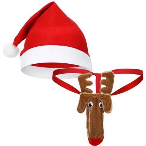 Hestya 2 Stück Bodysuit Weihnachten Herren Mütze Weihnachts dessous Männer Underwear Geschenk für Ehemann Freund(Elch)