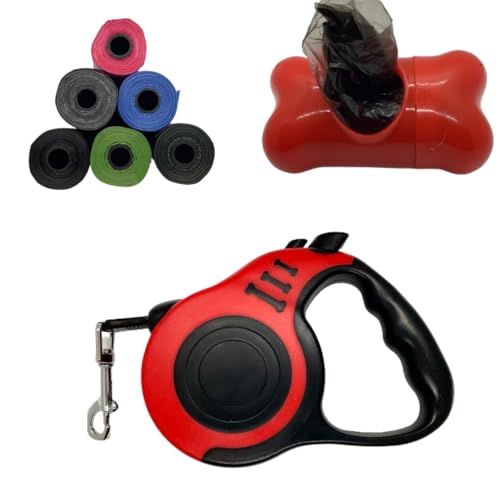 Correa Perro Extensible|3 Metros hasta 10 Kg|Correa para Perros Flexi.ble|Perros Pequeños Medianos|Correa Ligera Perros y Gatos|Ergonómica|Cinta RetráctilPaseo|Bolsa Caca Perro|Correa Roja|