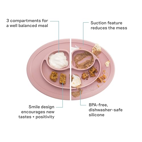 Image of ezpz Mini Mat - 100% Food Grade Silicone Suction Divided Plate with Built-in Placemat for Infants + Toddlers Promotes Baby Self-Feeding for Highchair, Dining Table - Microwave Safe - 6Months+ (Blush)