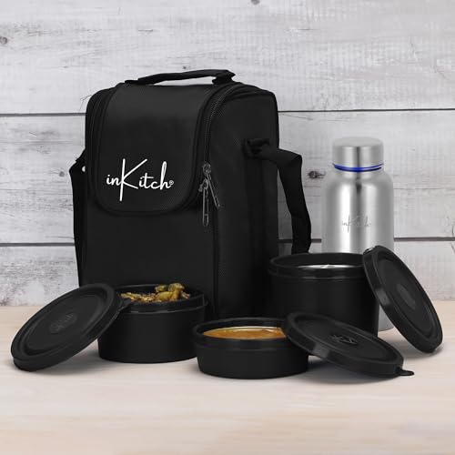 Image of Microwave Safe Lunch Box Set with Bag | 3 Stainless Steel Inner Containers & 1 Steel Bottle | Leakproof Tiffin Box for Office, School, College | Durable, Easy to Carry, Black