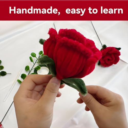 Image of YUNAMI Chenille Stems for DIY Flower Making - 200 Pcs Pipe Cleaners with Floral Wire, Tape, Stamen & Pearls - Premium Bouquet Supplies for Home Decor & Gifting (200, red)