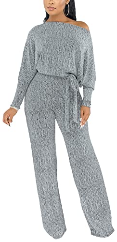 Casual Silver Sparkly Sequin Plus Size Jumpsuits Elegant Sexy One Shoulder Wide Leg Pants Shiny Club Rompers With Belt #TOP2