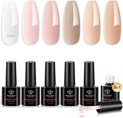 Modelones Builder Nail Gel 6 Colors, 8-in-1 Gel Builder Set for Nails, Hard Gel Builder Nail Strengthener Extension Color Gel Base Gel Rhinestone False Nail Tips Glue Gel in a Bottle, Gifts for Women