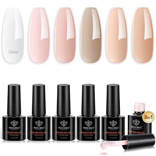 Modelones Builder Nail Gel 6 Colors, 8-In-1 Gel Builder Set For Nails, Hard Gel Builder Nail Strengthener Extension Color Gel Base Gel Rhinestone False Nail Tips Glue Gel In A Bottle, Gifts For Women #TOP15