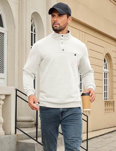 URRU Men's Quilted Sweatshirt Contrast Stand Collar Casual Mock Neck Long Sleeve Quarter Botton Up Fall Pullover Sweater4