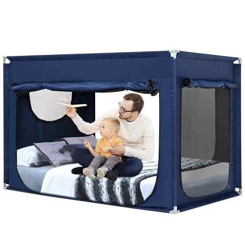 ANC POP Full Bed Canopy Portable Blackout Bed Tent Privacy Tent for Kids and Adult Indoor Sleeping with 3 Doors, Storage Bag, Navy Blue
