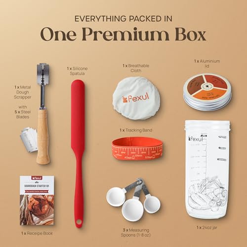 Sourdough Starter Kit with 24oz Glass Jar, Recipe Book, Tracking Band, Measuring Spoons, Bread Lame with 5 Blades, Scoring Stencils & Silicone Spatula – Complete Bread Baking Supplies for Home Bakers