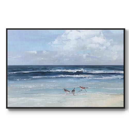 Renditions Gallery Birds Wall Art for Home Beach Trio Birds on Blue Floater Framed Paintings for Home Kitchen Bedroom - 27"X41" Black Frame GAL001