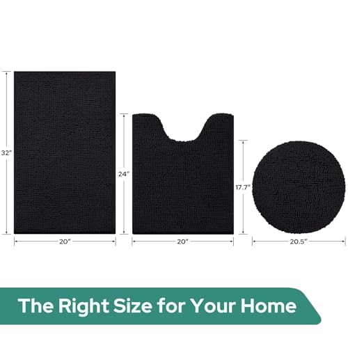 HOMEIDEAS 3 Pieces Black Bathroom Rugs Set, Ultra Soft Non Slip Bath Rug and Absorbent Chenille Bath Mat, Includes U-Shaped Contour Rug, Bath Mat and Toilet Lid Cover, Perfect for Bathroom, Tub by HOMEIDEAS - Used condition - Image 6