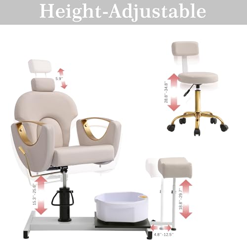 KIGOTY Pedicure Chair with Massage Foot Bath, 360 Degree Swivel Foot Spa Chair, Hydraulic Pedicure Chair for Massage Shop, Pedicure Shop, Beauty Salons, Spa (Grey-Gold) - Thumbnail 3