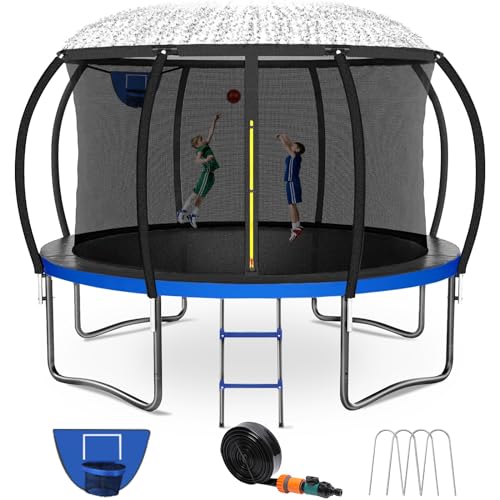 Kiivakii 14FT Trampoline, Outdoor Trampolines for Kids and Adults, Recreational Big Trampoline with Basketball Hoop, Round Trampoline with Sprinkler for Backyard, ASTM Certified, Blue