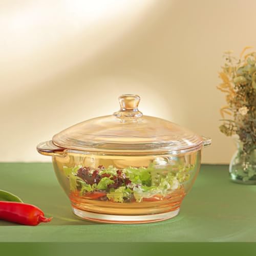Image of bellemax 1000 ML Brwon Glass Casserole Deep Round - Oven and Microwave Safe Serving Bowl with Glass Lid (Amber - 1000ML, Set of 1)