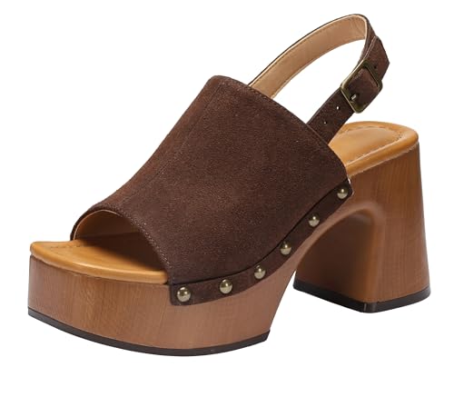 Mezent Womens Platform Chunky Sandals, Studded Faux Suede Heels with Chunky Block Heel, Comfortable Cushioned Platform Shoes, Open Toe Heeled Slip On Summer Sandals for Women Coffee Size 9 by Mezent - Used condition - US$47.30