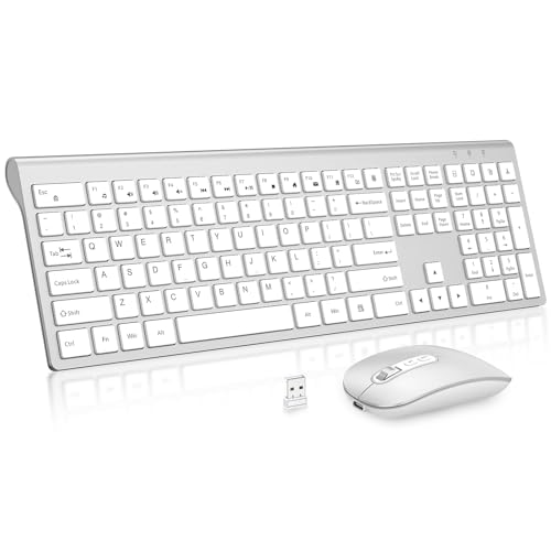 Image of Rechargeable Wireless Keyboard and Mouse Combo, Full Size Silent Ergonomic Scissor Switch Keyboard and Optical Mouse Set, 2.4G Lag-Free Cordless Keyboard Mice for Computer,Mac,Laptop,PC,Windows-Silver