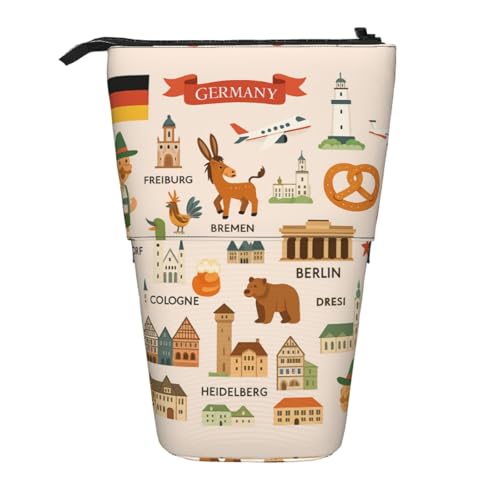 AACPPB Germany Travel Icons Map Print Adjustable Telescopic Case, Expandable Storage for Pens, Makeup, Small Items, Portable Bag