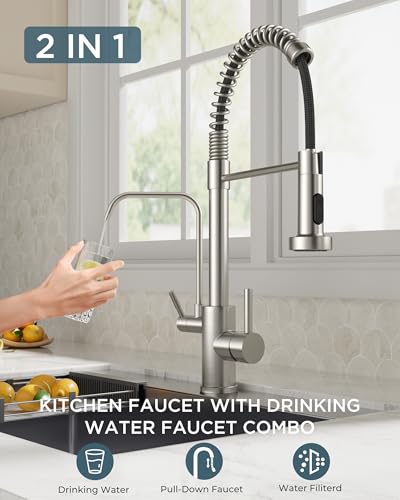Image of FORIOUS Kitchen Faucet with Purfied Water Filter, 2 in 1 Commercial Stainless Steel Pull Down Sink Faucet and Drinking Water Faucet 2 Handle for Pot Filler Kitchen Sink Farmhouse Bar, Brushed Nickel