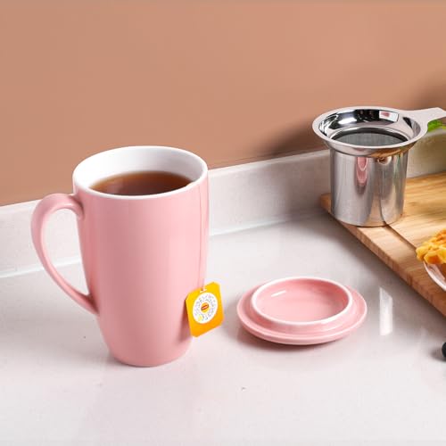 Garvee 16 oz Tea Cup, Porcelain Tea Mug with Loose Leaf Infuser and Lid, Microwave and Dishwasher Safe, Ceramic Steeping Tea Cup Gifts for Tea Lover P