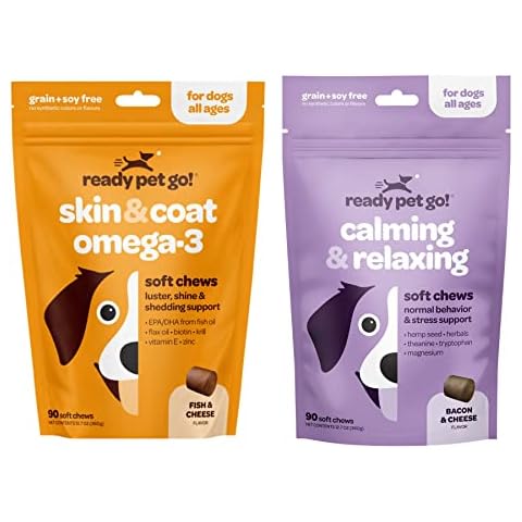 Ready Pet Go! Omega 3 + Calming Chews for Dogs | Helps with Dog Anxiety, Separation & Barking | Fish Oil for Dog Shedding, Skin Allergy, Itch Relief | 90 Chews Each Cover