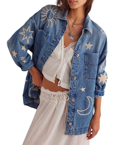 utcoco Women's Vintage Oversized Denim Jacket Embroidered Graphic Casual Loose Fit Button Down Jean Jacket (Small, Embroidery)