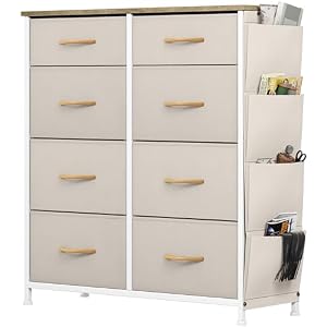 YITAHOME Ladecommode, dressoir met zijzakken en haken, stof 8 laden met handgrepen, metalen frame, houten blad, voor slaapkamer, woonkamer, hal, beige
