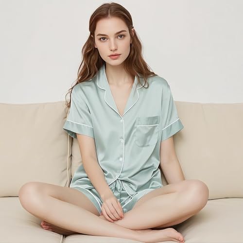 Image of MI X TEE 4Pcs Bride Pajama Summer Silk Pajamas for Team Bride Short Sleeve Shorts PJS Matching Pajamas with Bridesmaid