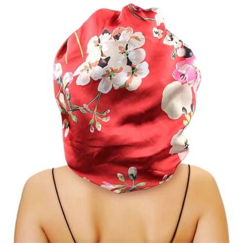 sent hair Large Round Satin Bonnet for Sleeping, Double-Layer Elastic Hair Bonnet with Silky Tie Band for Women Braids/Curly/Long Hair - Red Floral