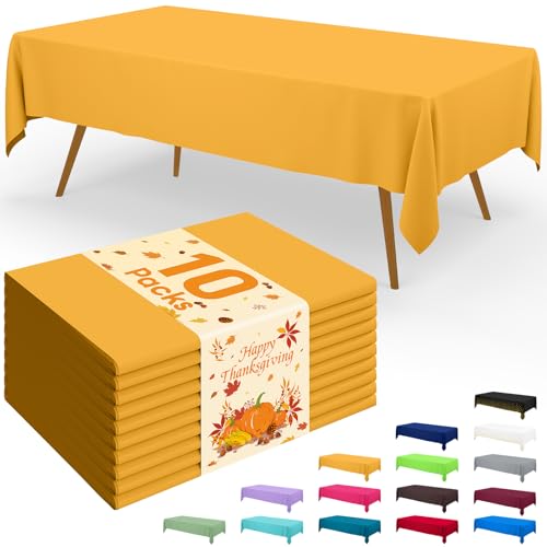Image of Smiry Disposable Table Cloth - 10 Pack, 54 x 108 Inch Waterproof Rectangle Tablecloths for Parties, Decorative Plastic Table Cover, Leakproof & Sturdy, Mustard Yellow