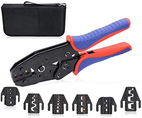 HKS Ratcheting Crimping Tool Set 8 PCS - Quick Exchange Jaw for Heat Shrink Terminals, Non-Insulated, Open Barrel, Solar Conncetors, Insulated and Non-Insulated Ferrules AWG 20-2