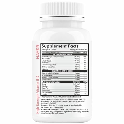Image of HAYER Plant-Based Vitamin B12 Supplements for Women, Methylcobalamin 1500 mcg with Moringa, Vitamin D3 & B1 | Vegetarian B12 Tablets for Energy & Nervous System Support, 60 Tablets