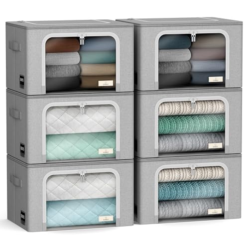 Sorbus Clothes Storage Bins with Metal Frame, Clear Window (6 Pack, Gray)