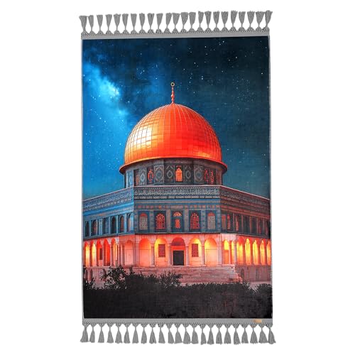 Tapis de prière turc Jérusalem art islamique avec pompons gris
