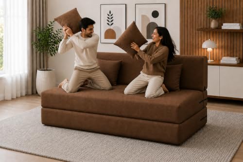 Image of Four Seater Sofa Cum Bed 6x6 Ft with Soft Foam Cushioning, Comfortable Foldable Sofa Bed for Living Room, Bedroom, Guest Room & Office(Brown)