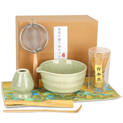 7 Pcs Matcha Whisk Set Kit, Includes Bowl, Bamboo Whisk and Holder, Bamboo Scoop, Scoop, Sifter and Tea Towel