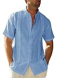FUERI Camisa Guayabera de algodón y lino para hombre, manga corta, cuello alto, para playa, verano, azul, L