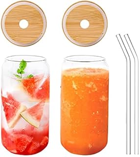 URMAGIC 2 Set Drinking Glasses with Bamboo Lids and Glass Straw, 550ml Reusable Boba Cup,Bubble Tea Cup,Can Shaped Glass Cups,Beer Can Glasses Set,Wide Mouth Mason Jar Water Glasses with Straw