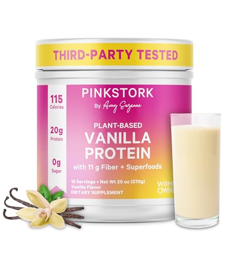 Pink Stork Protein Powder for Women, 20g Plant Based Protein Powder with Fiber + Superfoods, Gluten Free, Dairy Free, Sugar Free, Pregnancy Friendly, Vanilla Protein Shake - 15 Scoops