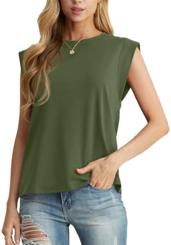 GRECERELLE Cap Sleeve Tops for Women Summer Tank Top Casual Loose Crew Neck Basic Tee Shirts Army Green-XS - 5