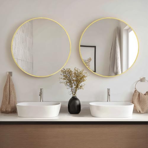 Image of Sunniry Round Mirror 24 inch, 2 Pack Gold Round Mirror with Metal Frame | Aluminum Brushed Metal Frame, High Definition Mirror, No Distortion, Suitable for Bathroom, Bedroom, Entryway, Living Room