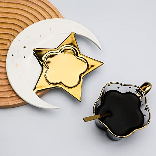 8.1 Oz/240 Ml Glass Coffee Cup And Ceramic Star Moon Saucer With Spoon Set Golden Handle Glass Cup Afternoon Tea Cola Juice And Water Drinks Cup (White) #TOP3