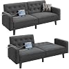 Yaheetech 63″ Convertible Couch Small Futon Sofa Bed with 2 USB Ports, Reclining Backrest & Removable Armrests, Mid Century Modern Loveseat for Living Room, Apartment, Office, Dark Gray