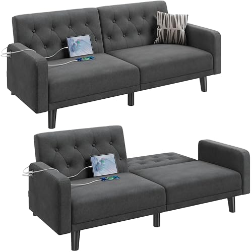 Yaheetech 63″ Convertible Couch Small Futon Sofa Bed with 2 USB Ports, Reclining Backrest & Removable Armrests, Mid Century Modern Loveseat for Living Room, Apartment, Office, Dark Gray
